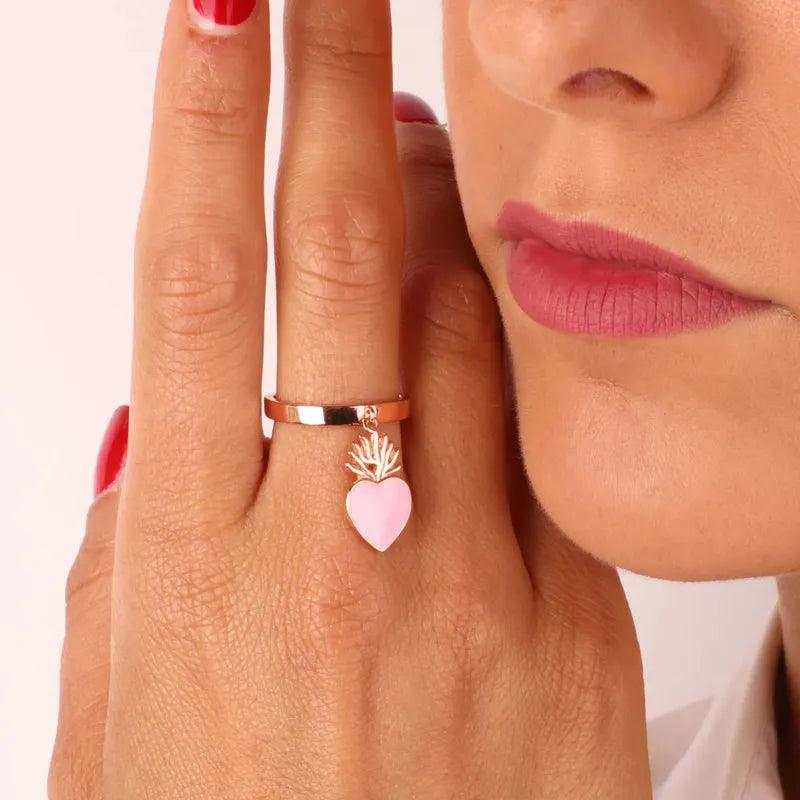 Anello in Argento 925 ex voto con cuore smaltato rosa