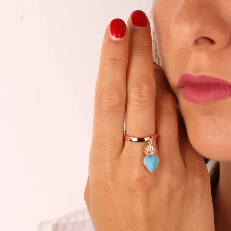 Anello in Argento 925 ex voto con cuore smaltato turchese