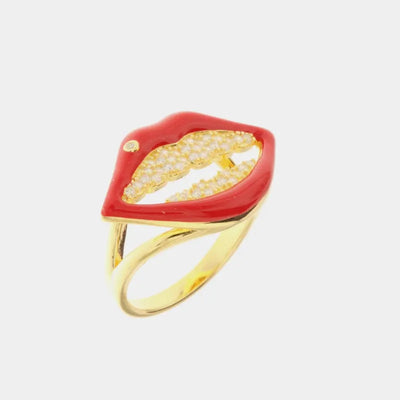 Anello in Argento 925 a forma di labbra impreziosite da zirconi bianchi e smalti colorati