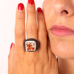 Anello in Argento 925 smaltato nero con grande zircone centrale color topazio impreziosito da zirconi bianchi SIMEONE - gioie