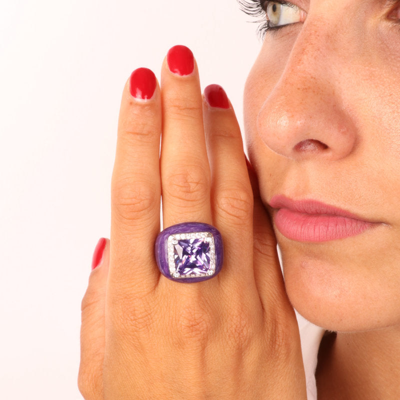 Anello in Argento 925 con zircone quadrato color lavanda e cornice di zirconi bianchi SIMEONE - gioiello BySimon