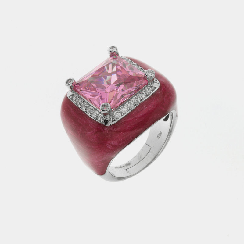 Anello in Argento 925 smaltato rosa con grande zircone centrale rosa impreziosito da zirconi bianchi SIMEONE - gioiello BySim