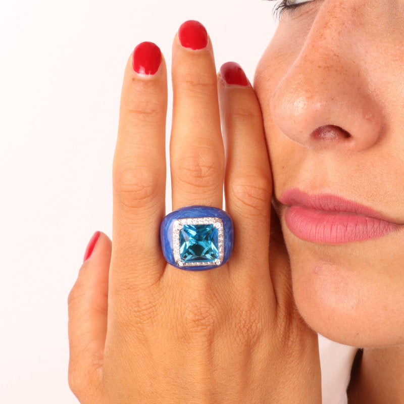 Anello in Argento 925 con zircone quadrato blu e cornice di zirconi bianchi SIMEONE - gioiello BySimon