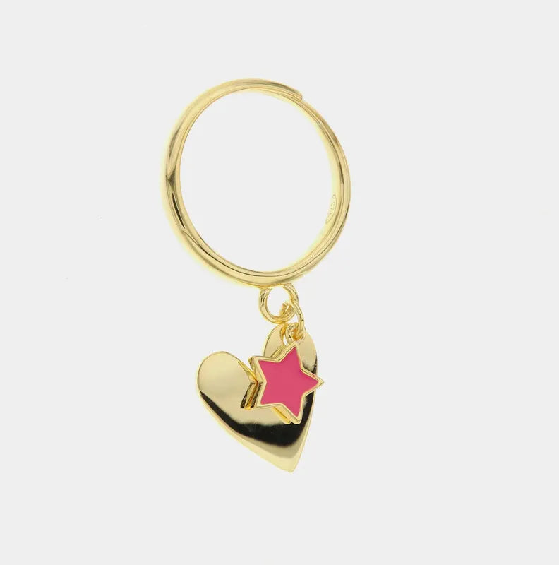 Anello in Argento 925 con cuore e stella in smalto fucsia