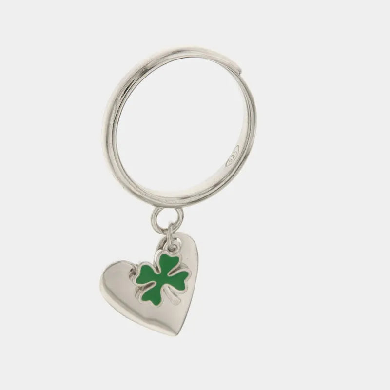 Anello in Argento 925 con cuore e quadrifoglio in smalto verde