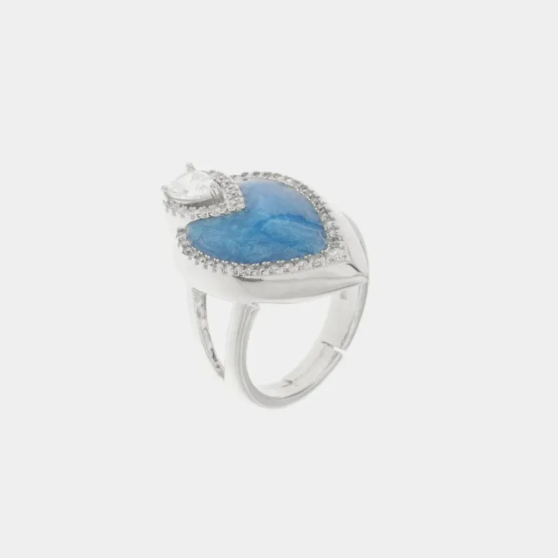 Anello in Argento 925 a forma di foglia impreziosito da zirconi bianchi e smalto blu