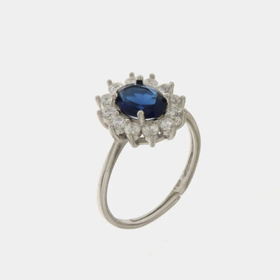 Anello in Argento 925 solitario con zirconi bianchi e zircone centrale blu zafiro - BYSIMON gioielli