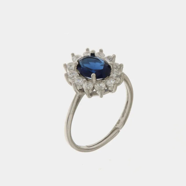 Anello in Argento 925 solitario con zirconi bianchi e zircone centrale blu zafiro - BYSIMON gioielli