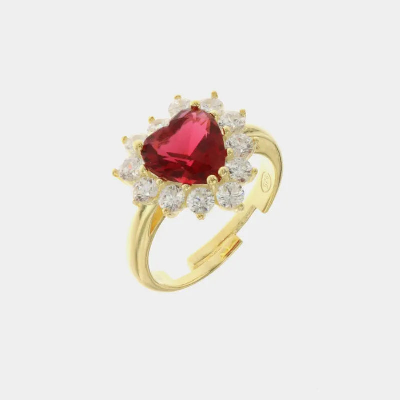 Anello in Argento 925 solitario con cuore con zircone rosso rubino e bianchi