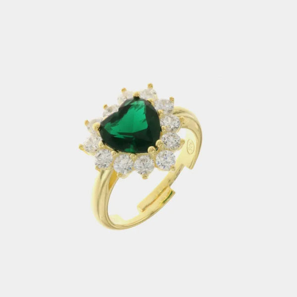 Anello in Argento 925 solitario con cuore in zirconi verde smeraldo e bianchi BYSIMON - gioiello BySimon