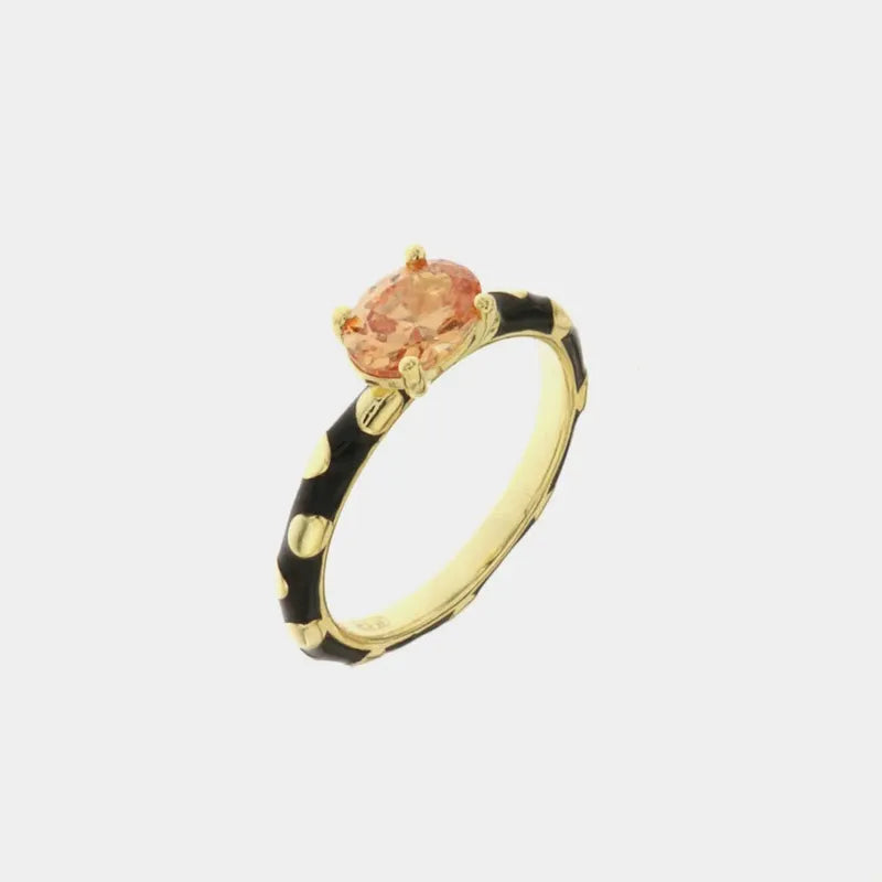 Anello in Argento 925 con smalto nero a pois e zircone color champagne