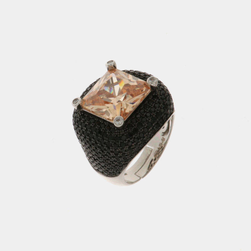 Anello in Argento 925 zircone champagne quadrato e zirconi neri SIMEONE - gioiello BySimon
