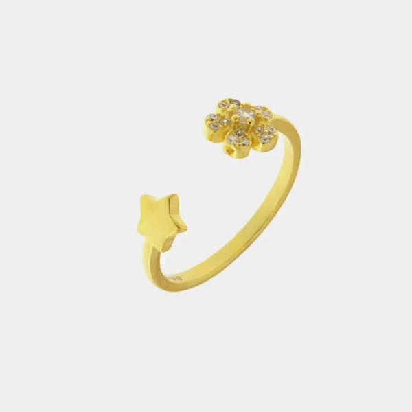 Anello in Argento 925 con simboli di una stella e un fiore impreziosito da zirconi bianchi