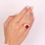 Anello in Argento 925 con zircone grande rosso rubino e zirconi champagne