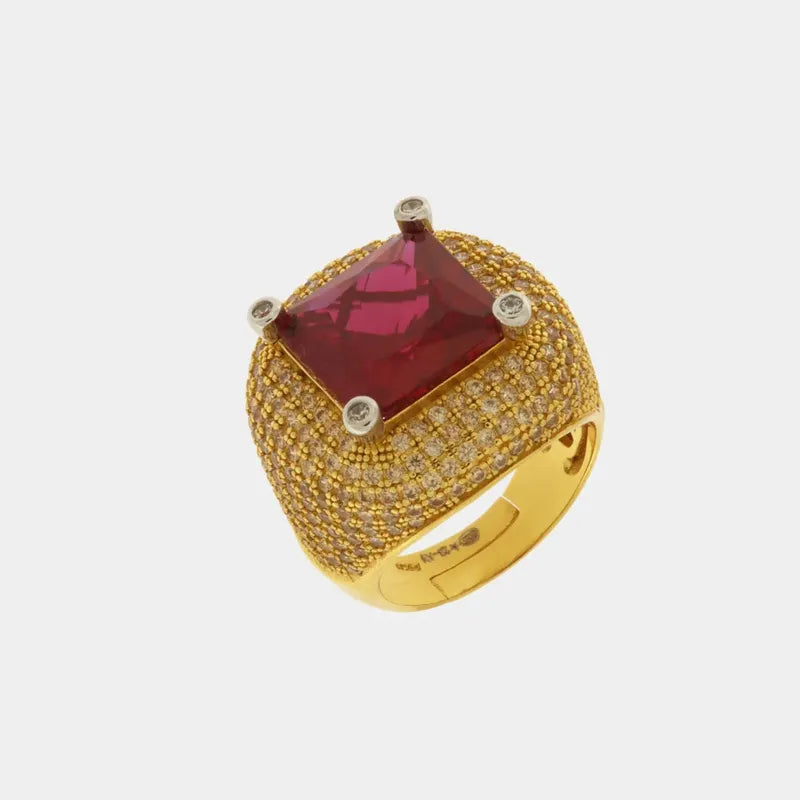 Anello in Argento 925 con zircone grande rosso rubino e zirconi champagne