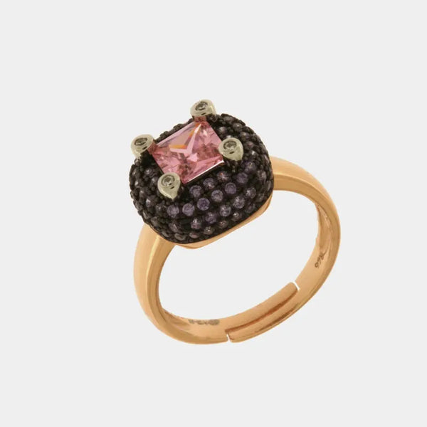 Anello in Argento 925 con zircone grande rosa e zirconi neri
