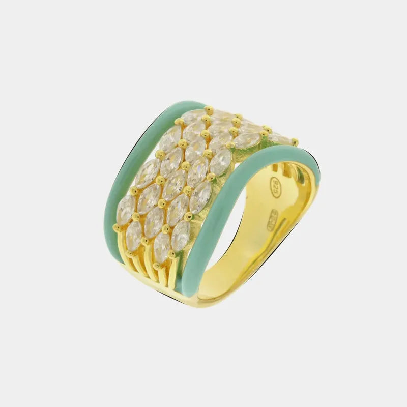 Anello in Argento 925 a fascia con zirconi e smalto verde