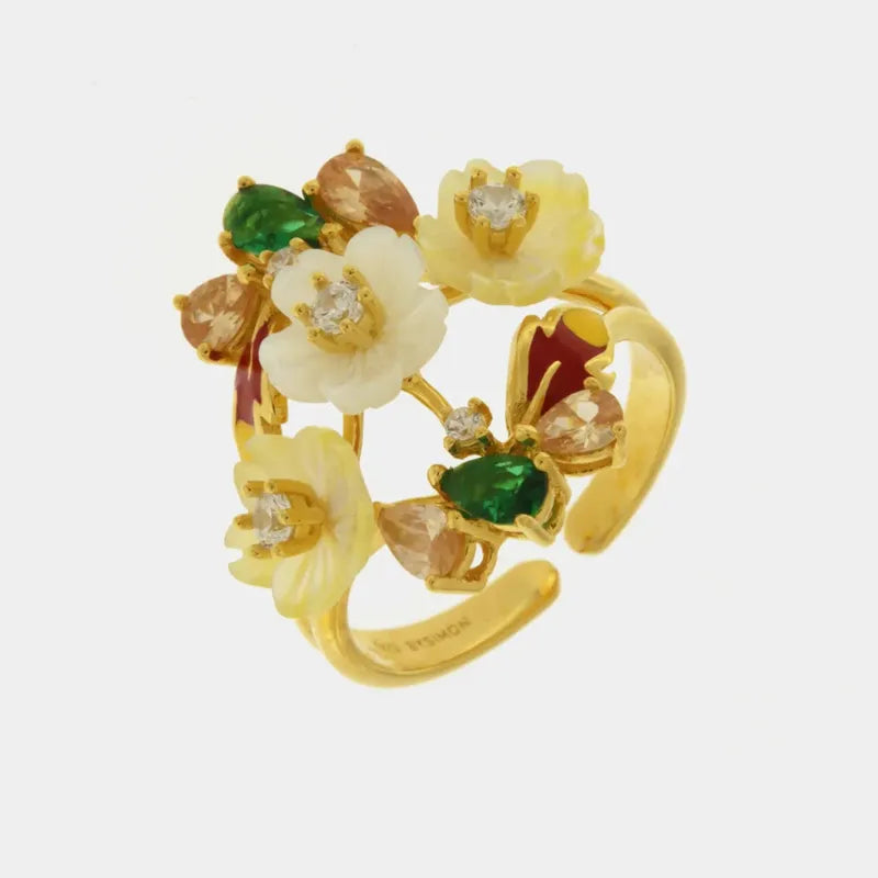 Anello in Argento 925 con fiori in madreperla impreziosito da zirconi colorati