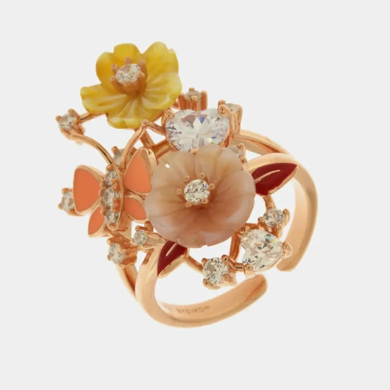 Anello in Argento 925 con fiori in madreperla impreziosito da zirconi colorati