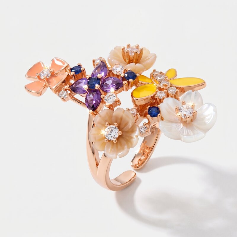 Anello in Argento 925 con fiori in madreperla impreziosito da zirconi colorati - BYSIMON gioielli