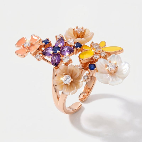 Anello in Argento 925 con fiori in madreperla impreziosito da zirconi colorati - BYSIMON gioielli