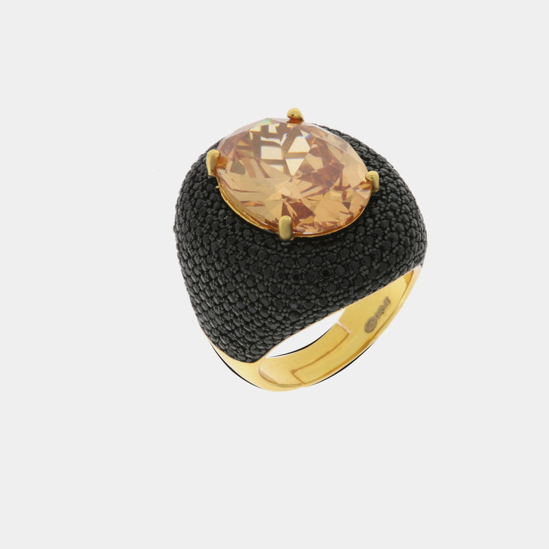 Anello in Argento 925 con zircone champagne a forma ovale con zirconi neri SIMEONE - gioiello BySimon