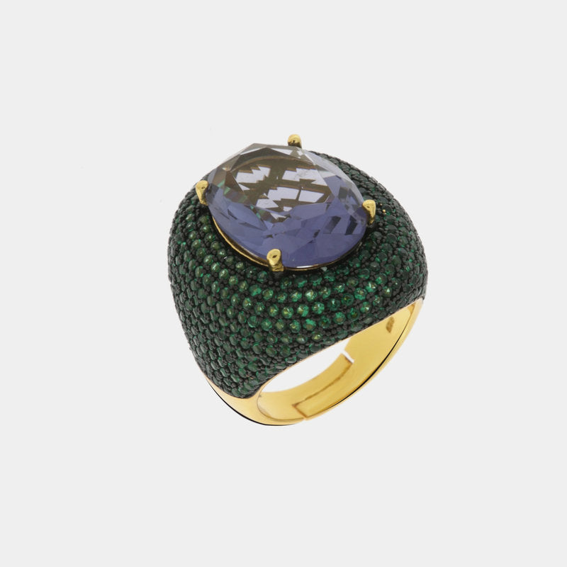 Anello in Argento 925 con zircone viola a forma ovale con zirconi verdi SIMEONE - gioiello BySimon