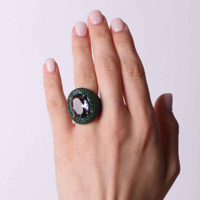 Anello in Argento 925 con zircone viola a forma ovale con zirconi verdi SIMEONE - gioiello BySimon