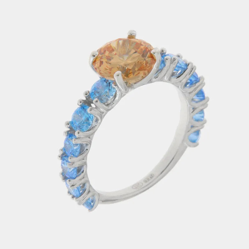 Anello in Argento 925 con zircone centrale champagne e azzurri - BYSIMON gioielli