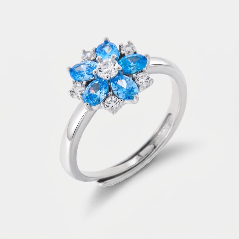 Anello in Argento 925 a forma di fiore con zirconi bianchi e azzurri - BYSIMON gioielli