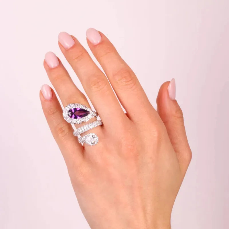 Anello in Argento 925 a contrarie con zircone viola e zirconi trasparenti
