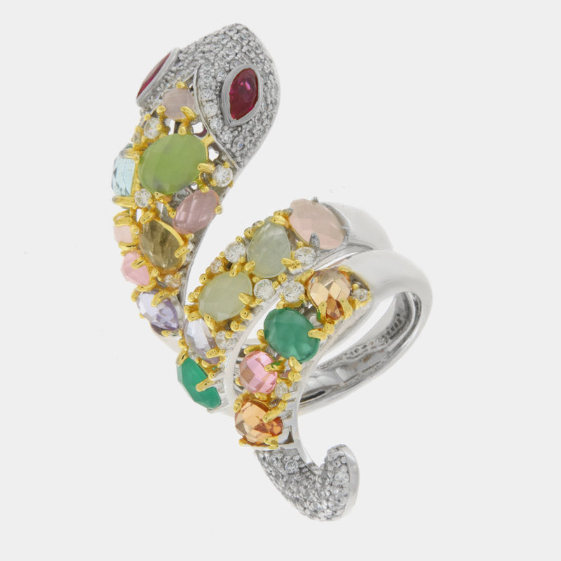 Anello in Argento 925 a forma di serpente con zirconi colorati SIMEONE - gioiello BySimon