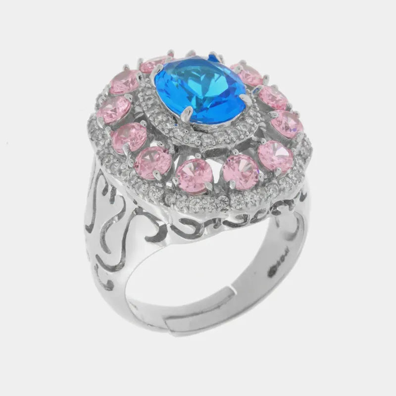 Anello in Argento 925 con zirconi rosa e azzurri