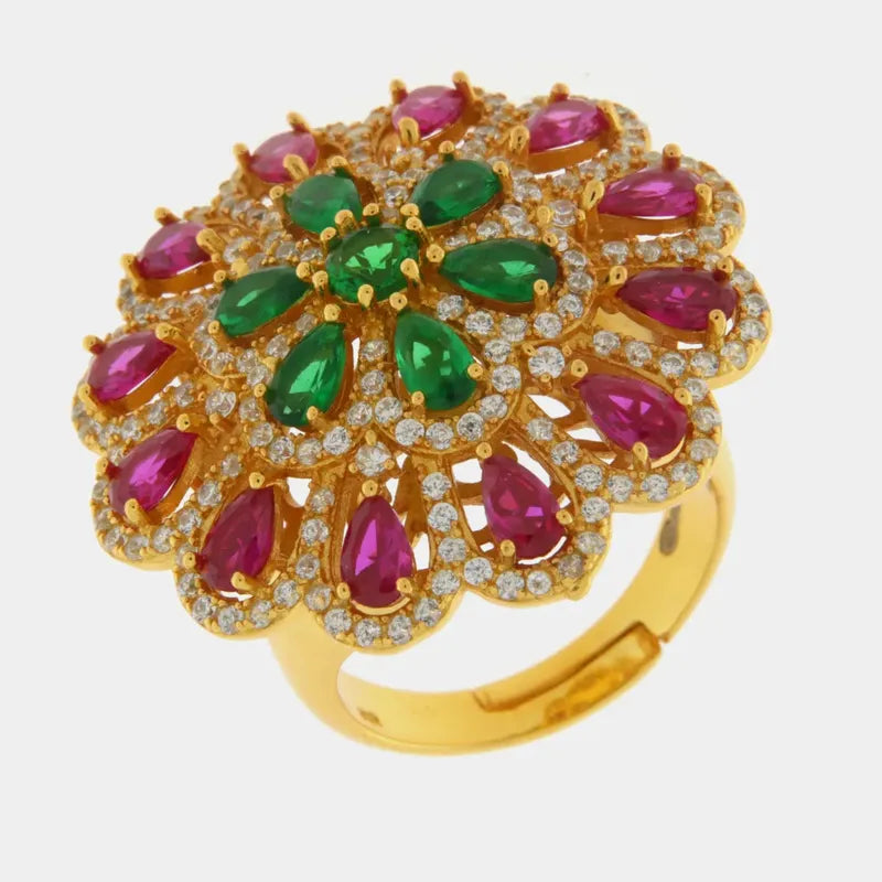 Anello in Argento 925 a forma di fiore con zirconi viola e verdi