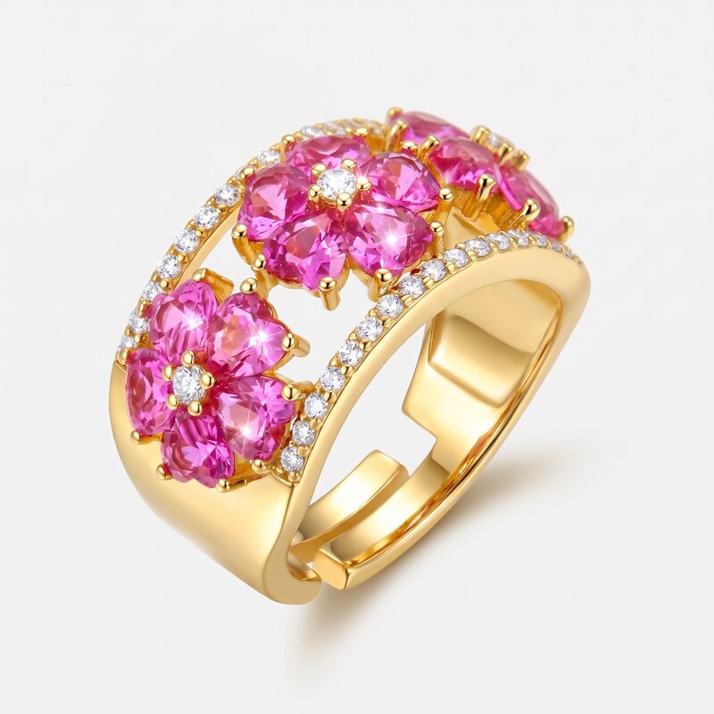 Anello in Argento 925 con fiori di cristalli rosa e zirconi - BYSIMON gioielli