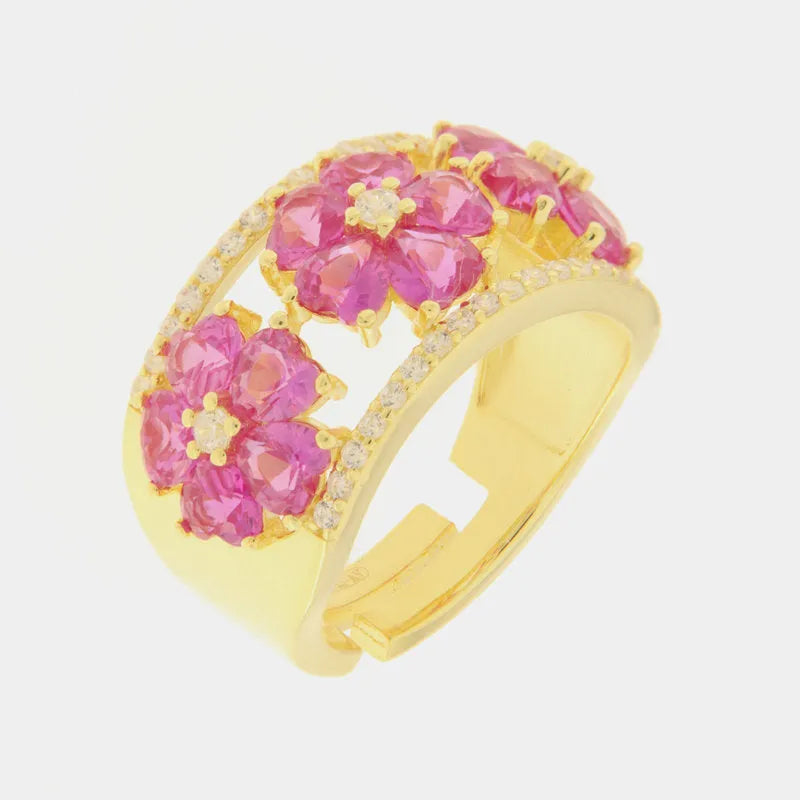 Anello in Argento 925 con fiori di cristalli rosa e zirconi