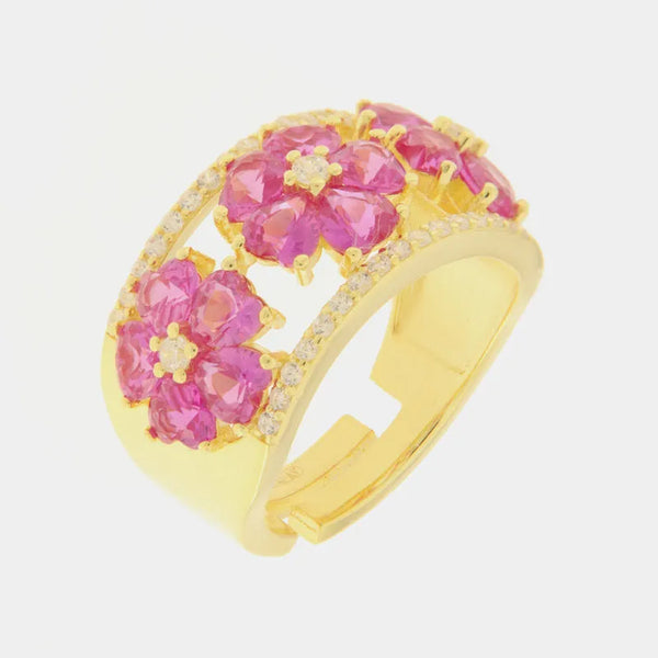 Anello in Argento 925 con fiori di cristalli rosa e zirconi - BYSIMON gioielli