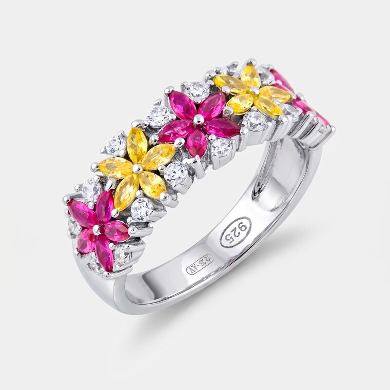 Anello in Argento 925 con fiori di cristallo rosso e giallo e zirconi - BYSIMON gioielli