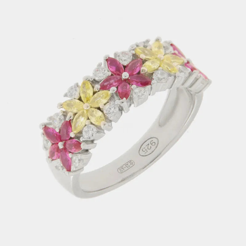 Anello in Argento 925 con fiori di cristallo rosso e giallo e zirconi