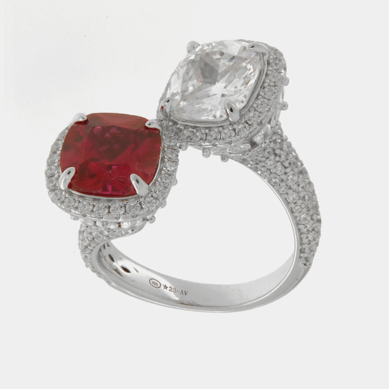 Anello in Argento 925 contrariè con zircone rosso e trasparente SIMEONE - gioiello BySimon