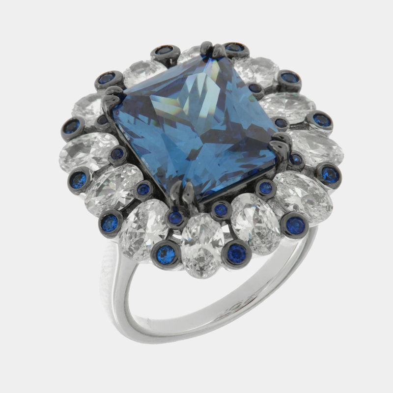 Anello in Argento 925 quadrato con zircone blu impreziosito da zirconi trasparenti SIMEONE - gioiello BySimon