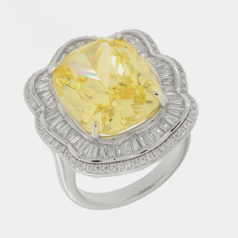 Anello in Argento 925 quadrato con zircone giallo impreziosito da zirconi trasparenti SIMEONE - gioiello BySimon