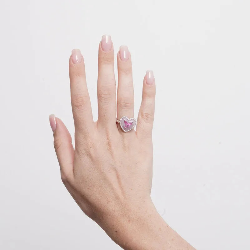 Anello in Argento 925 cuore rosa in madreperla e farfalla - BYSIMON gioielli