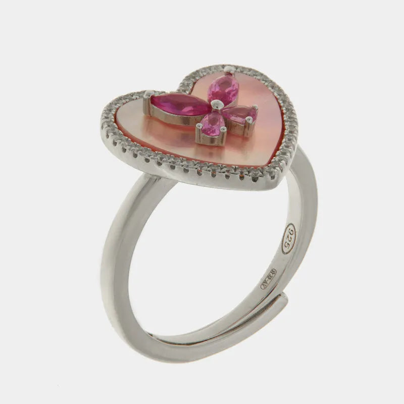 Anello in Argento 925 cuore rosa in madreperla e farfalla - BYSIMON gioielli