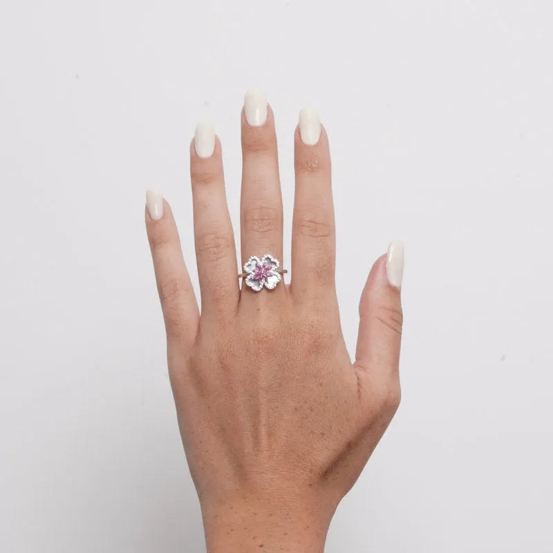 Anello in Argento 925 quadrifoglio in madreperla e fiore centrale rosa - BYSIMON gioielli