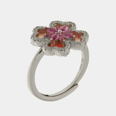 Anello in Argento 925 quadrifoglio in madreperla e fiore centrale rosa - BYSIMON gioielli