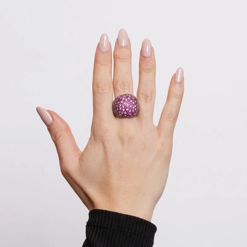 Anello in Argento 925 bombato con pave' rossi
