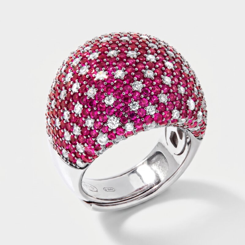 Anello in Argento 925 bombato con pave' rossi - BYSIMON gioielli