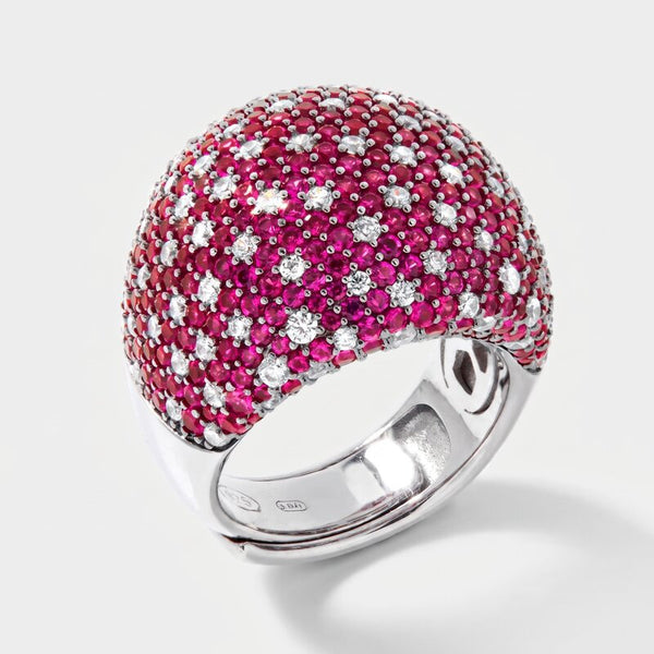 Anello in Argento 925 bombato con pave' rossi - BYSIMON gioielli