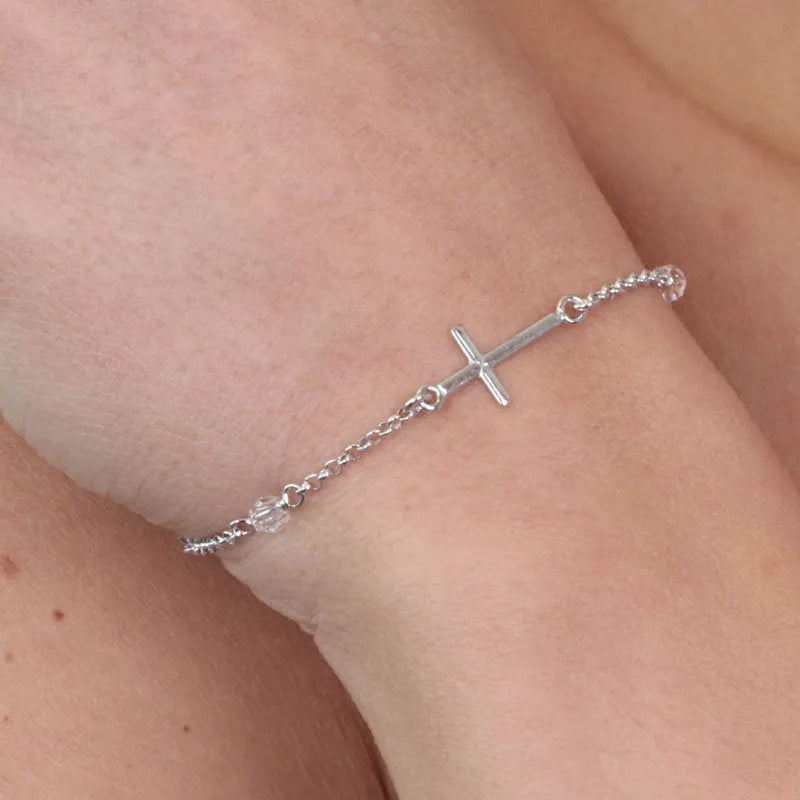 925 Silver rosary bracelet with cross and white crystals